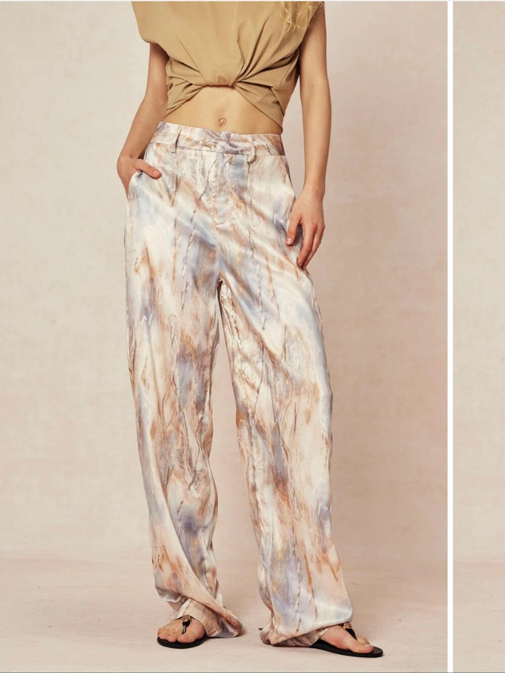 Micas Marble Print High Waisted Full-length Straight Leg Pants- XL